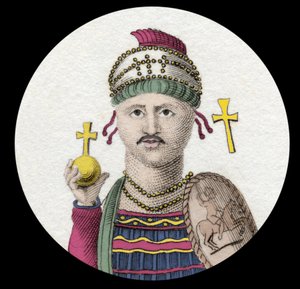 查士丁尼一世（大）（Flavius Petrus Sabbatius Justinianus）（482-565）的肖像。东方的罗马皇帝。19世纪的雕版画。 作者 未知艺术家
