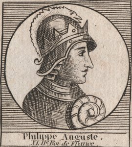 腓力二世（Philip II dit Philippe Auguste）（1165-1223）--法国国王腓力-奥古斯都二世（1165-1223）的肖像--雕刻自Charles Constant Le Tellier 1821年的《法国历史教学》。 作者 未知艺术家