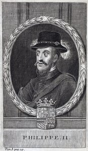 西班牙和葡萄牙国王菲利普二世（Felipe）（1527-1598）的画像。为《佛兰德斯战争史》绘制的版画，作者是弗拉米亚努斯-斯特拉达，约瑟夫-特谢斯特文斯版 作者 未知艺术家