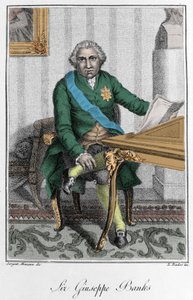 约瑟夫·班克斯爵士 (1743-1820) 的肖像，英国探险家和博物学家。 彩色雕刻 作者 未知艺术家