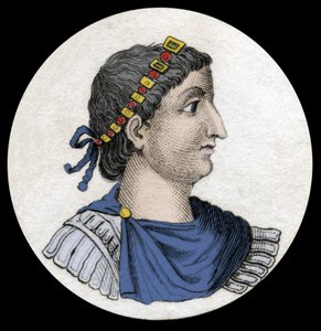 狄奥多西一世 (Flavius Theodosius) (347-395) 的肖像，罗马皇帝，19 世纪雕刻品。 作者 未知艺术家