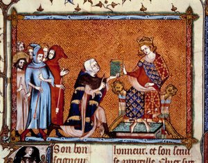 书的介绍。让-德-儒安维尔（Jean de Joinville，1224-1317）向纳瓦拉国王未来的路易十世（Louis X the hutin）赠送他的书。圣路易传》中的微型画 作者 未知艺术家