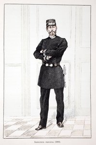 首席督察 (1894)。 蚀刻颜色，作为插图“”Histoire du corps des gardiens de la paix ”””由塞纳河警察局长 Louis Lepine (1846-1933) 主持出版的书，作者是 Alfred Rey (1864-?) 和 Louis Feron （1862-？） 作者 未知艺术家