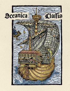 克里斯托弗·哥伦布（Christopher Columbus，1451-1506 年）描绘的圣玛丽亚狂欢节。 雕刻自“De insulis in mare Indico superinventis”，Bale 1493-1494（哥伦布给西班牙国王的报告的拉丁语翻译）。 作者 未知艺术家
