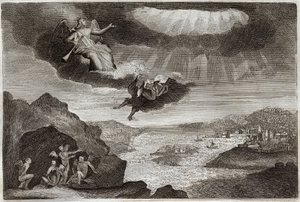 罗亚蒙圣经，新约。启示录》的第五和第六号喇叭。蚱蜢和四位天使。来自1811年的插图。 作者 未知艺术家