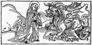 圣玛莎和塔拉斯克 - 来自沃拉金的雅各布斯（詹姆斯）（1228-1298 年）的“Leben der Heiligen - sommerteil”（圣人之书）的版画。 吕贝克 1488。 作者 未知艺术家