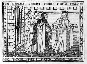 圣彼得被萨沃纳罗拉（Jerome Savonarola）（1452 - 1498）牵着走--在 "启示录汇编 "中，1496年4月23日的unabule。 作者 未知艺术家