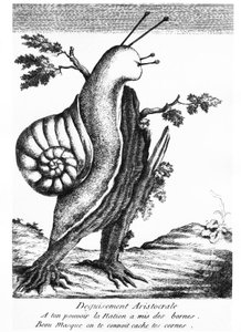 讽刺画：贵族伪装（树桩上的蜗牛）：“国家为你的力量设定了界限，美丽的面具，我们认识你，隐藏你的角”——1790 年，Musée Carnavalet。 作者 未知艺术家