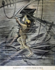 Scaphandrier 在勒阿弗尔寻找残骸。 1892 年的“小杂志”插图。 作者 未知艺术家