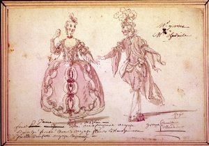 布景：Jean Philippe (Jean-Philippe) Rameau (1683-1764) 1764 年为田园“Nais”绘制服装。水彩。 作者 未知艺术家