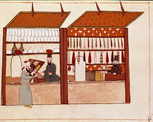 Shops in the streets of Constantinople. Miniature taken from a 19th century Cicogna manuscript (1828) after an original from the 17th century (1671). Venice, Biblioteca Marciana 作者 未知艺术家