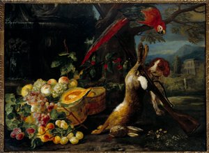 游戏、鹦鹉和水果的静物画 18 世纪巴黎的匿名绘画，装饰艺术 作者 未知艺术家