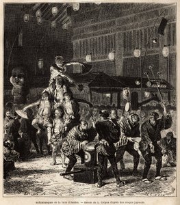 街头艺人：杂耍者、平衡者和杂技演员，在夜间表演中，在东京寺的一年一度的 Asaksa 集市上。 1863 年至 1864 年瑞士联邦大臣艾梅·亨伯特 (Aime Humbert) 所绘的日本之旅的版画，发表于《le tour du m》 作者 未知艺术家