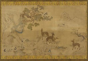 挂毯：有鹿、鹳、松树和桃树的风景画 作者 未知艺术家