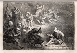 天狗或梦魔，日本民间传说中的小神，变异，他以乌鸦的形式出现，被赋予了神奇的力量，是日本艺术、戏剧和文学的热门主题。1863年至1864年的日本之旅的插图，作者是艾姆。 作者 未知艺术家
