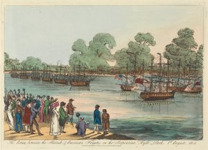 1814 年 8 月 1 日，英国和美国护卫舰在海德公园蛇形河上的行动 作者 未知艺术家