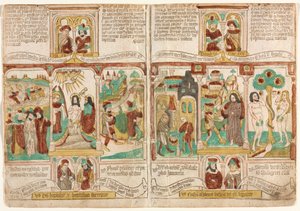 穷人的圣经》（Biblia Pauperum）、
法老的军队淹没在红海中；基督受洗；摩西的间谍带着葡萄从迦南返回
以扫出卖雅各的生有权；基督的诱惑；亚当和夏娃的诱惑 作者 未知艺术家