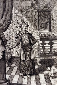 中国皇帝和鞑靼人的最高统治者--中国皇帝康熙（1652-1722）清朝，由阿塔纳修斯-基尔彻（1601-1680）雕刻，出自《中国纪念碑，qua sacris qua profanis》1667--中国皇帝康熙（1652-1722）清朝。 作者 未知艺术家