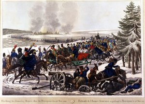 1812年11月26日，法国军队通过贝雷西纳（Berezina）撤退。19世纪的雕版画。 作者 未知艺术家