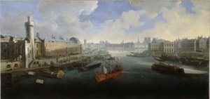 卢浮宫大画廊，包括新门、新桥、西堤、在建的四国学院和马拉凯码头，约 1665 年。塞纳河上，皇家帆船，1660-1670 年间（布面油画） 作者 未知艺术家