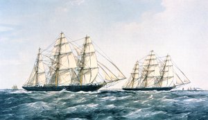 1866 年“Ariel”和“Taeping”之间的大帆船赛将新的茶叶作物从中国带到伦敦（彩色石版画） 作者 未知艺术家