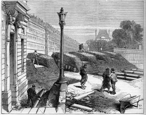 1871年的巴黎公社。里沃利街和协和广场拐角处的 "公社人 "路障。 作者 未知艺术家