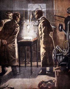 伦琴 (Rontgen) 或 X 射线。 1895 年发现。代表实验的插图。 作者 未知艺术家