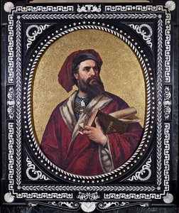 The Venetian explorer Marco Polo holding under his arm the work “The Book of Wonders