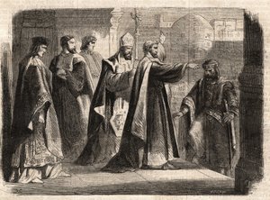 米兰大主教圣安布罗斯（Aurelius Ambrosius，Ambrogio di Milano，340-397）禁止罗马皇帝狄奥多西一世（Flavius Theodosius）（347-395）进入教堂，以惩罚他在390年对塞萨洛尼卡的屠杀 - Excommunicati 作者 未知艺术家