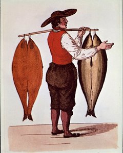 The cries of Paris: a walking salmon merchant smokes Elbe. Anonymous 19th century print. Private Collection 作者 未知艺术家