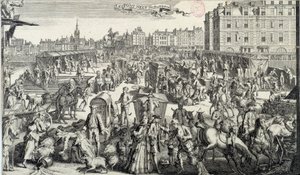 巴黎新桥的尴尬。 18 世纪巴黎街道交通和交通拥堵的插图。 1710 年雕刻。巴黎，卡纳瓦莱博物馆 作者 未知艺术家