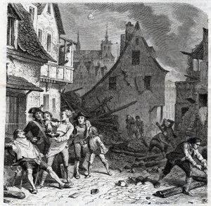 里尔的剃须盘。1792年法国大革命战争期间围攻里尔的一个插曲 - 1792年10月围攻里尔 - 法国大革命 - 奥地利人和普鲁士人的轰炸 - 理发师用半颗炸弹作为胡须盘 - 恩格 作者 未知艺术家