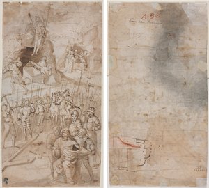 基督受难记》中的三个场景（正面） 建筑草图（背面） 作者 未知艺术家