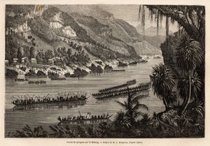 Traditional canoe race on the Mekong River, organized every year at the end of the rainy season, as a prestigious competition between the fishing and farming villages nearby the river. Engraving to illustrate the voyage of exploration in Indochina, by Fran 作者 未知艺术家