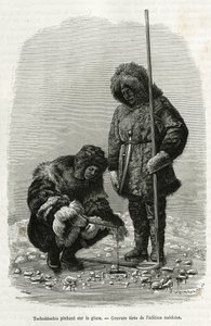 Tschuktschis fishing on ice in Koljutschin Bay (polar circle). Engraving from the Swedish edition, to illustrate the story “” Voyage de la Vega around Asia and Euroope””, by Nils Adolf Erik (Eric) Baron Nordenskjold (Nordenskiold) (1832-1901), in 1878-1880 作者 未知艺术家
