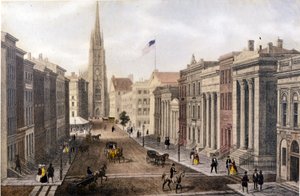 纽约景观：威廉街的华尔街景观。 石版画 sd。 大约在 19 世纪中叶。 作者 未知艺术家