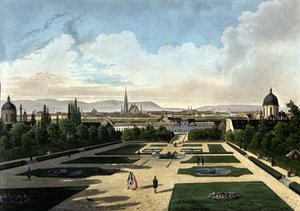维也纳的美景宫，由尤金·德·萨伏伊 (Eugene de Savoye) 建造的奥地利巴洛克式宫殿的景色。 19 世纪的石版画 作者 未知艺术家
