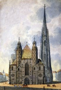 18 世纪末从奥地利维也纳看圣斯蒂芬大教堂（St. Stephen 或 Stephansdom 或 St. Stephane 或 St. Stephan Kirche）。 作者 未知艺术家