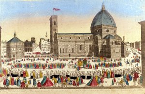 菲利波·布鲁内莱斯基 (Filippo Brunelleschi) 在圣神游行当天建造的佛罗伦萨大教堂 (Duomo Santa Maria del Fiore) 的景色。 约 1790 作者 未知艺术家