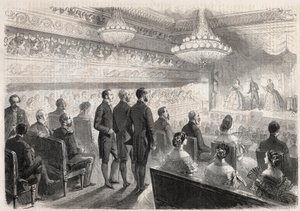 普鲁士的威廉一世（1797-1888）对贡比涅的访问：在拿破仑三世（1808-1873）的见证下在宫殿剧院举行的晚会 - 雕刻在 "插图世界 "中 作者 未知艺术家