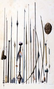 吉瓦罗斯印第安人的武器。 雕刻 1846-48。 作者 未知艺术家