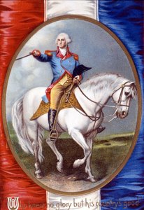 谁不知道荣耀，但他的国家的好处：乔治华盛顿（1732 - 1799）骑在法国国旗背面的奖章上。 19 世纪的彩色石版画。 作者 未知艺术家