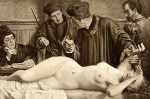 巫术。 科学家们正在寻找女巫身上的痣，以便捏它并研究它的反应。 E. Van Hoove 的插图。 1888年