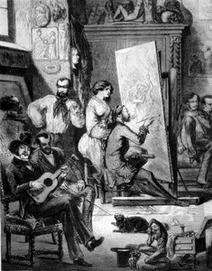 19 世纪一位画家的工作室。 有的在演奏音乐，有的在画家画画时抽烟。 19 世纪的雕刻 作者 未知艺术家