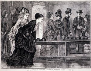 打保龄球的年轻女性，在美国，大约 1870 年-雕刻 作者 未知艺术家