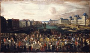 1665 年左右，从多芬广场入口处看到的新桥、马拉凯码头（Quai Malaquais）和正在建设中的四国学院、大画廊和卢浮宫。桥上的游行队伍，1665 年至 1669 年间（布面油画） 作者 未知艺术家