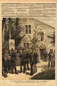 the visit of Constantine Nicolaevich Romanov (1827-1892) Grand Duke of Russia and cousin of Tsar Alexander III (1845-1894), to the house of Joan of Arc in Domremy. Engraving in “” Le petit journal”” 25/06/1892. Selva