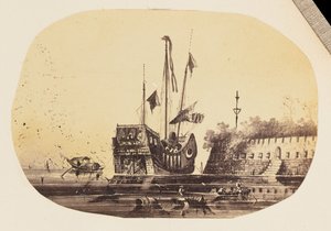 [堡垒旁停泊船只图纸的影印件] (Photographic Copy of a Drawing of a Moored Ship Next to a Fort)