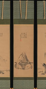 带着冥想杖的禅师和中国风格的风景画，可能是1620年代末至1644年。 作者 远国远树