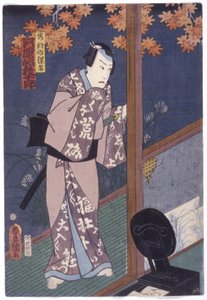 饰演安倍靖奈的川崎权十郎（彩色木刻版画） 作者 歌川（1786-1865）国定